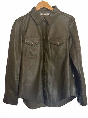 NWT Zara Large The Sadie Shirt 100% Sheep Leather Overshirt Jacket Olive